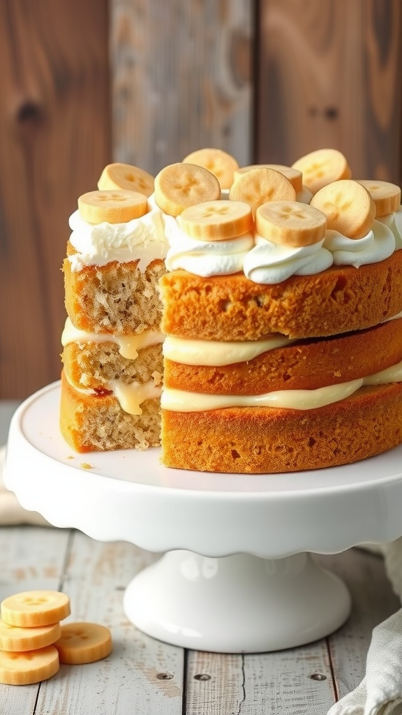 Layered banana pudding cake with cream, bananas, and wafers on a cake stand.